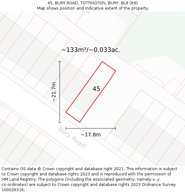 45, BURY ROAD, TOTTINGTON, BURY, BL8 3HD: Plot and title map
