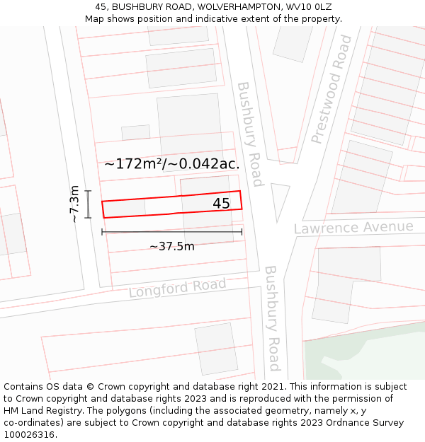 45, BUSHBURY ROAD, WOLVERHAMPTON, WV10 0LZ: Plot and title map