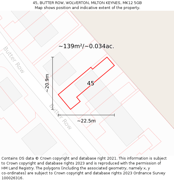 45, BUTTER ROW, WOLVERTON, MILTON KEYNES, MK12 5GB: Plot and title map