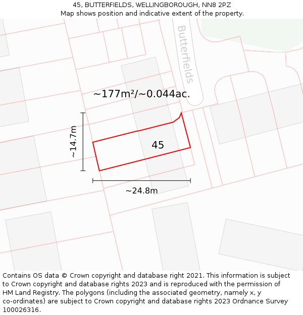 45, BUTTERFIELDS, WELLINGBOROUGH, NN8 2PZ: Plot and title map