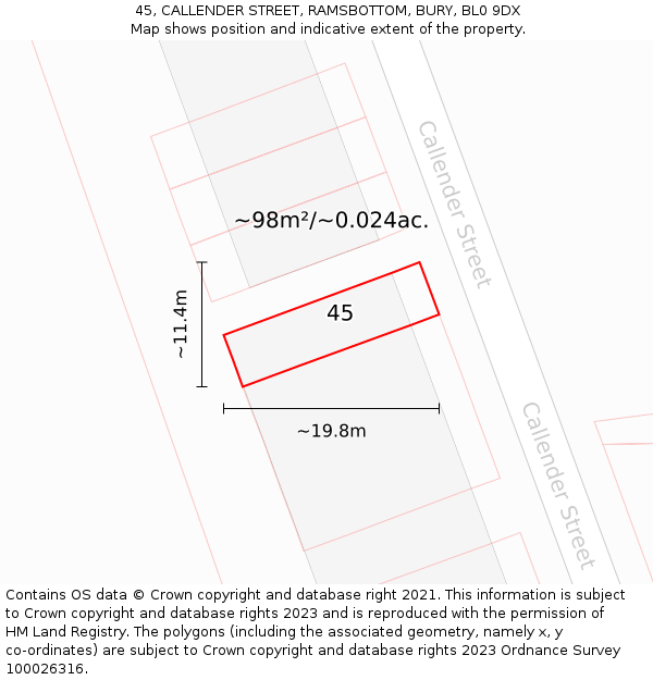 45, CALLENDER STREET, RAMSBOTTOM, BURY, BL0 9DX: Plot and title map