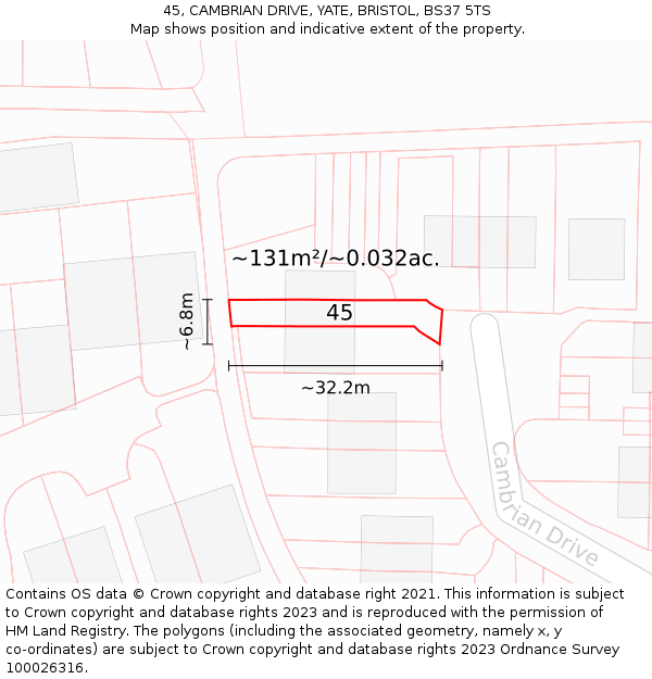 45, CAMBRIAN DRIVE, YATE, BRISTOL, BS37 5TS: Plot and title map