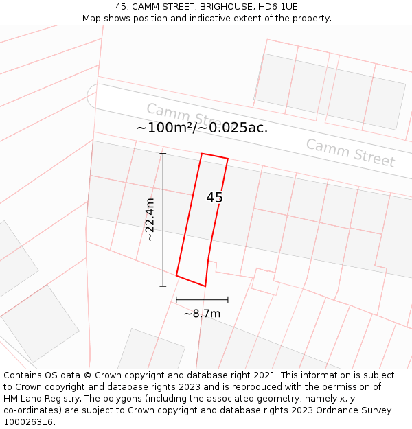 45, CAMM STREET, BRIGHOUSE, HD6 1UE: Plot and title map