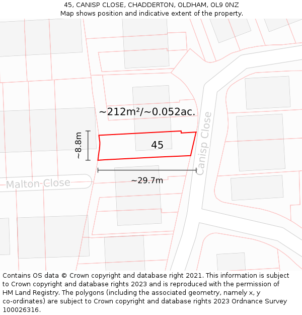 45, CANISP CLOSE, CHADDERTON, OLDHAM, OL9 0NZ: Plot and title map