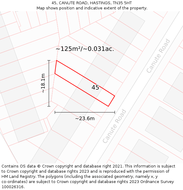 45, CANUTE ROAD, HASTINGS, TN35 5HT: Plot and title map