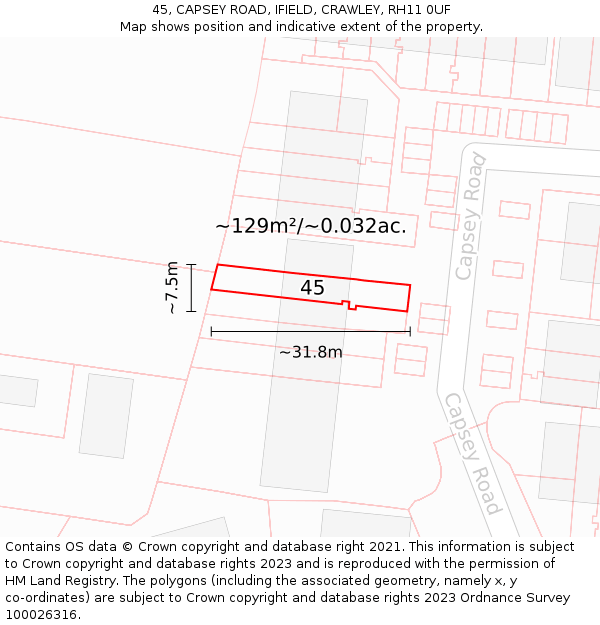 45, CAPSEY ROAD, IFIELD, CRAWLEY, RH11 0UF: Plot and title map