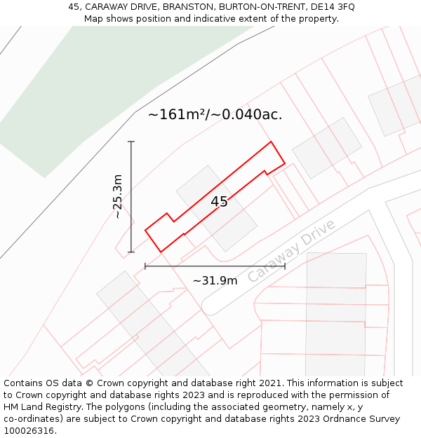45, CARAWAY DRIVE, BRANSTON, BURTON-ON-TRENT, DE14 3FQ: Plot and title map