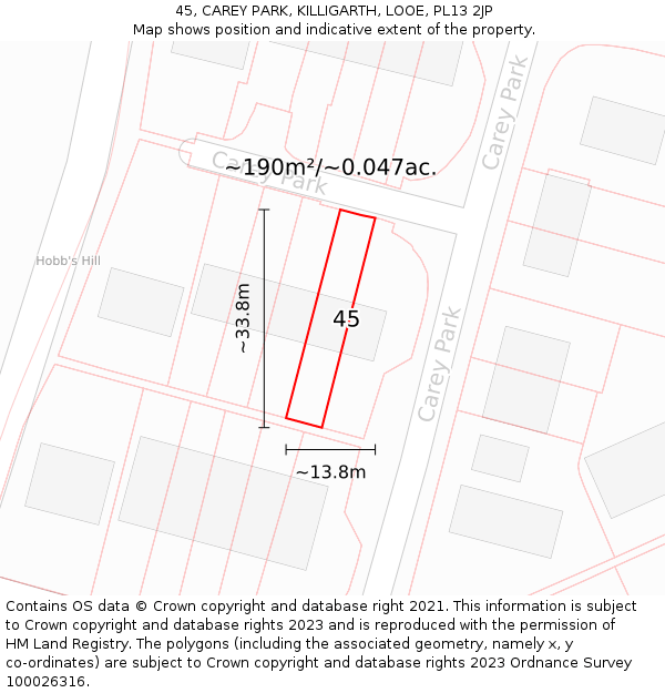 45, CAREY PARK, KILLIGARTH, LOOE, PL13 2JP: Plot and title map