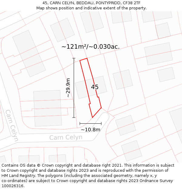 45, CARN CELYN, BEDDAU, PONTYPRIDD, CF38 2TF: Plot and title map