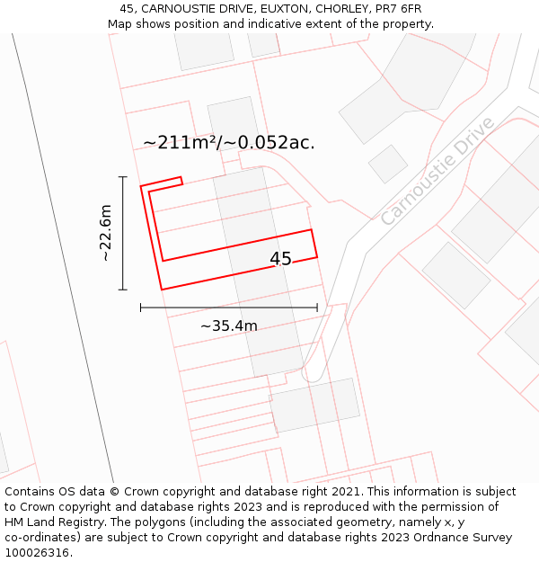 45, CARNOUSTIE DRIVE, EUXTON, CHORLEY, PR7 6FR: Plot and title map