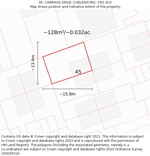 45, CARRIAGE DRIVE, CHELMSFORD, CM1 6UY: Plot and title map