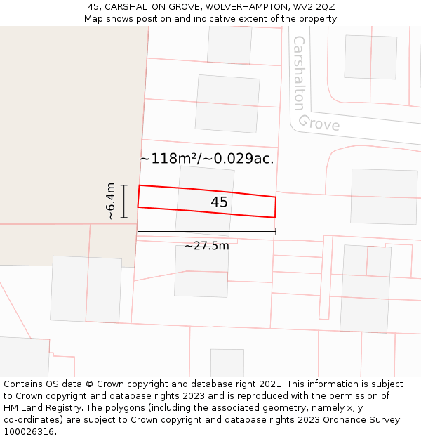 45, CARSHALTON GROVE, WOLVERHAMPTON, WV2 2QZ: Plot and title map