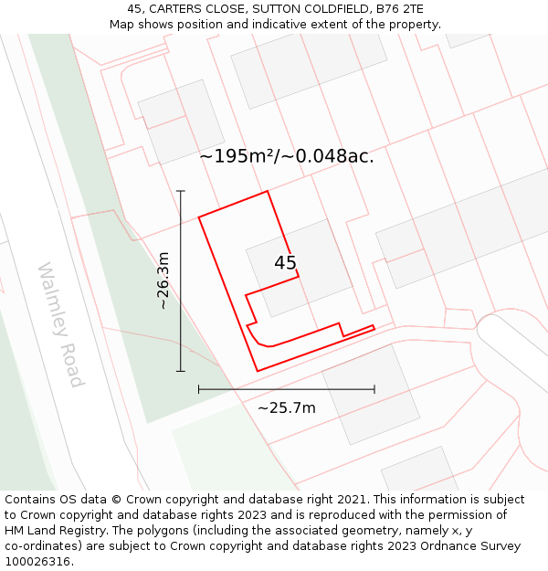 45, CARTERS CLOSE, SUTTON COLDFIELD, B76 2TE: Plot and title map