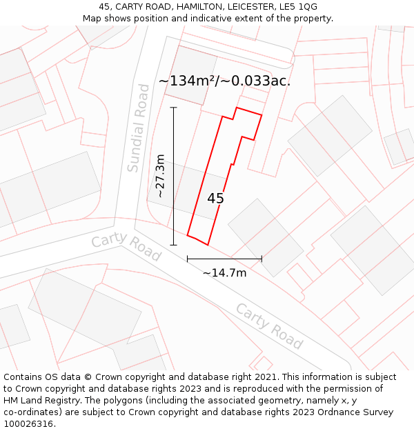 45, CARTY ROAD, HAMILTON, LEICESTER, LE5 1QG: Plot and title map