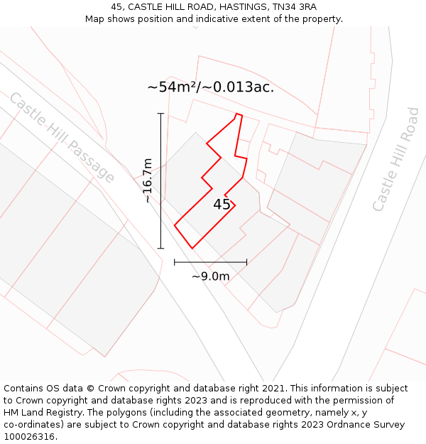 45, CASTLE HILL ROAD, HASTINGS, TN34 3RA: Plot and title map