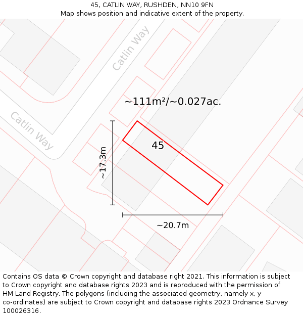 45, CATLIN WAY, RUSHDEN, NN10 9FN: Plot and title map