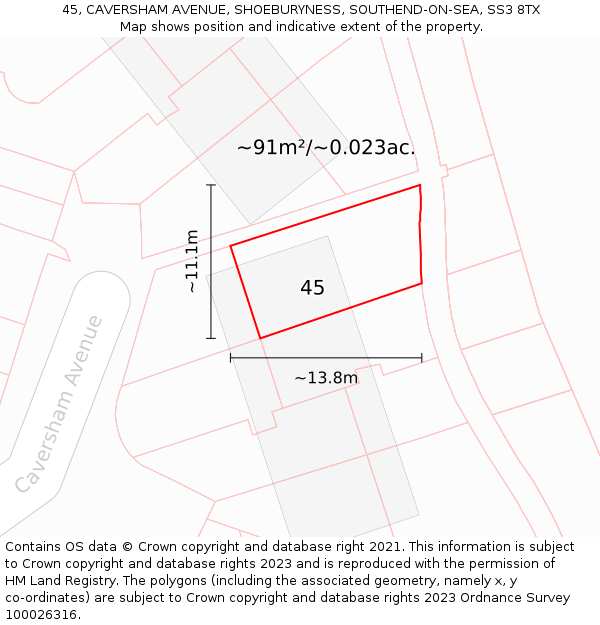 45, CAVERSHAM AVENUE, SHOEBURYNESS, SOUTHEND-ON-SEA, SS3 8TX: Plot and title map