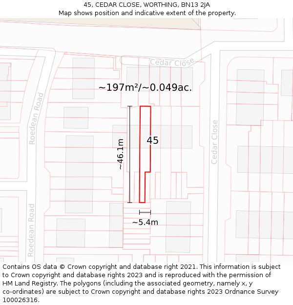 45, CEDAR CLOSE, WORTHING, BN13 2JA: Plot and title map
