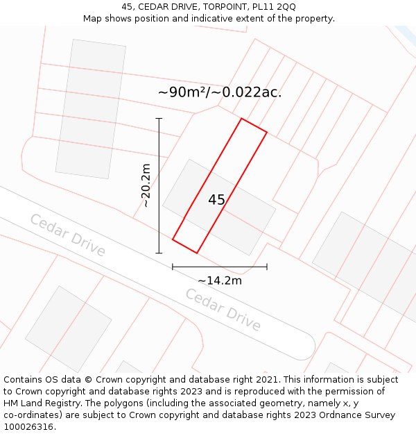 45, CEDAR DRIVE, TORPOINT, PL11 2QQ: Plot and title map