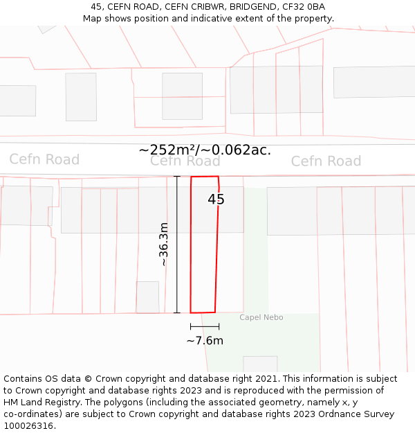 45, CEFN ROAD, CEFN CRIBWR, BRIDGEND, CF32 0BA: Plot and title map