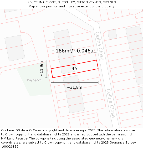 45, CELINA CLOSE, BLETCHLEY, MILTON KEYNES, MK2 3LS: Plot and title map