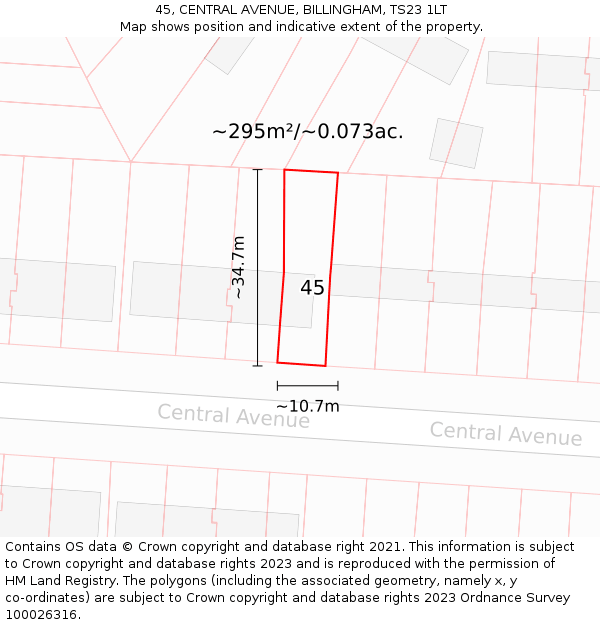 45, CENTRAL AVENUE, BILLINGHAM, TS23 1LT: Plot and title map
