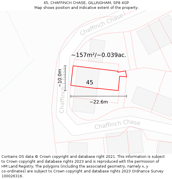 45, CHAFFINCH CHASE, GILLINGHAM, SP8 4GP: Plot and title map