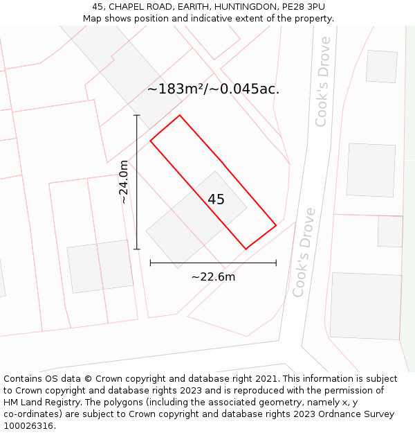 45, CHAPEL ROAD, EARITH, HUNTINGDON, PE28 3PU: Plot and title map