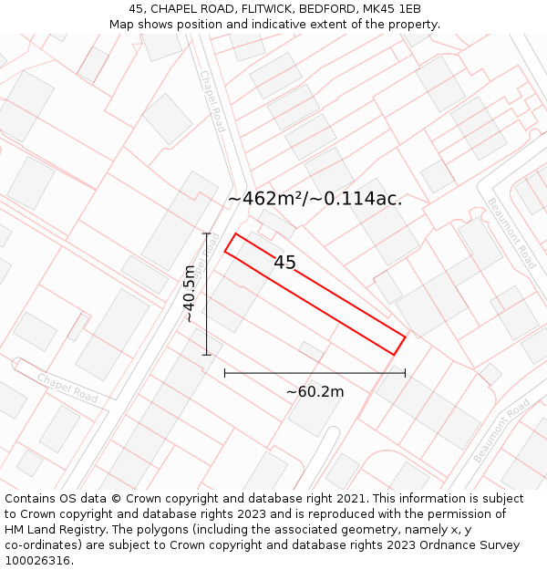 45, CHAPEL ROAD, FLITWICK, BEDFORD, MK45 1EB: Plot and title map