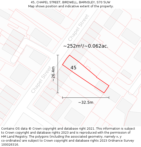 45, CHAPEL STREET, BIRDWELL, BARNSLEY, S70 5UW: Plot and title map