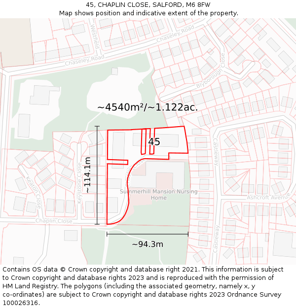 45, CHAPLIN CLOSE, SALFORD, M6 8FW: Plot and title map