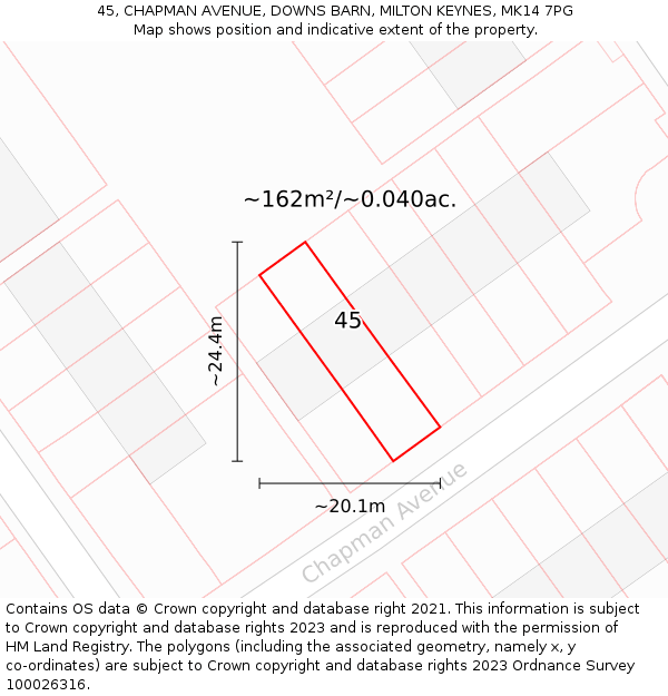 45, CHAPMAN AVENUE, DOWNS BARN, MILTON KEYNES, MK14 7PG: Plot and title map