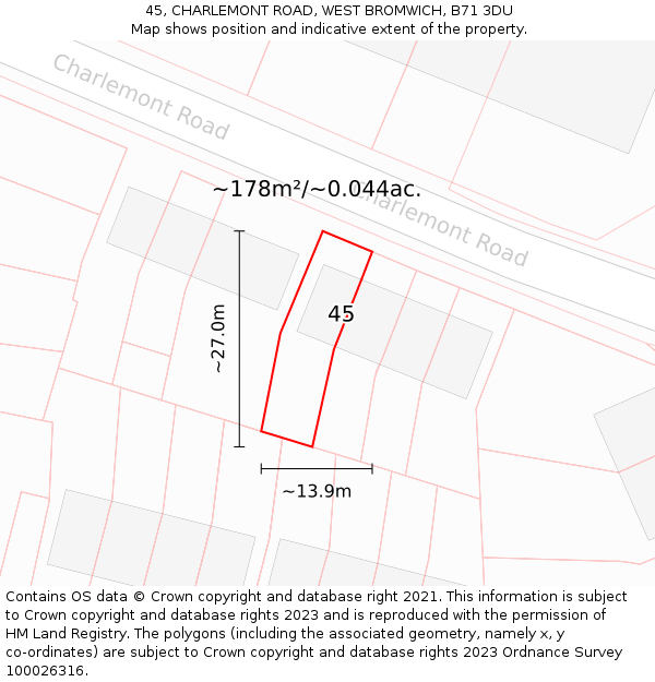 45, CHARLEMONT ROAD, WEST BROMWICH, B71 3DU: Plot and title map