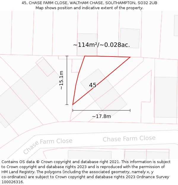 45, CHASE FARM CLOSE, WALTHAM CHASE, SOUTHAMPTON, SO32 2UB: Plot and title map