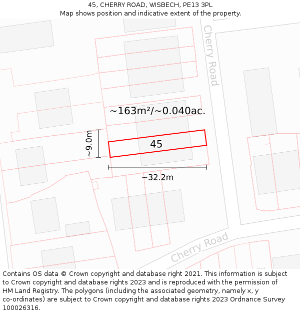 45, CHERRY ROAD, WISBECH, PE13 3PL: Plot and title map
