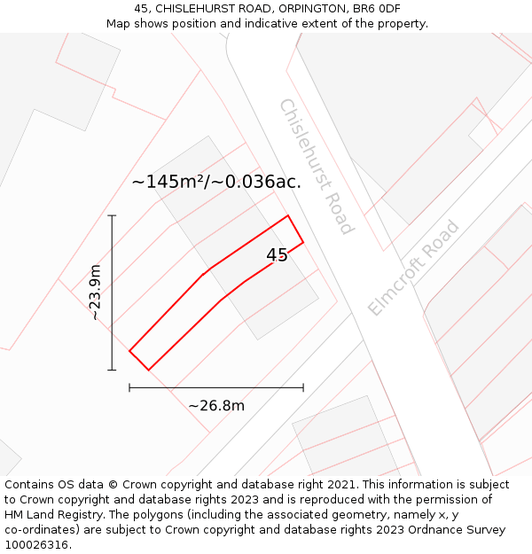 45, CHISLEHURST ROAD, ORPINGTON, BR6 0DF: Plot and title map