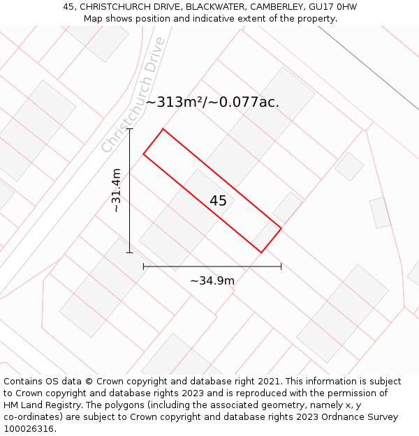 45, CHRISTCHURCH DRIVE, BLACKWATER, CAMBERLEY, GU17 0HW: Plot and title map