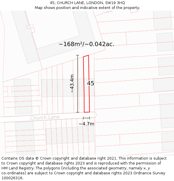 45, CHURCH LANE, LONDON, SW19 3HQ: Plot and title map