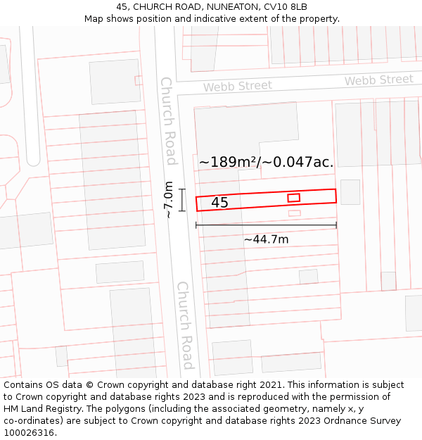 45, CHURCH ROAD, NUNEATON, CV10 8LB: Plot and title map