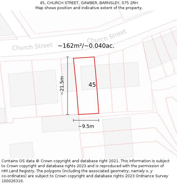 45, CHURCH STREET, GAWBER, BARNSLEY, S75 2RH: Plot and title map