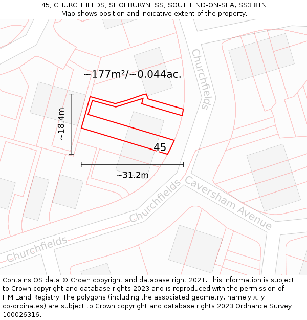 45, CHURCHFIELDS, SHOEBURYNESS, SOUTHEND-ON-SEA, SS3 8TN: Plot and title map