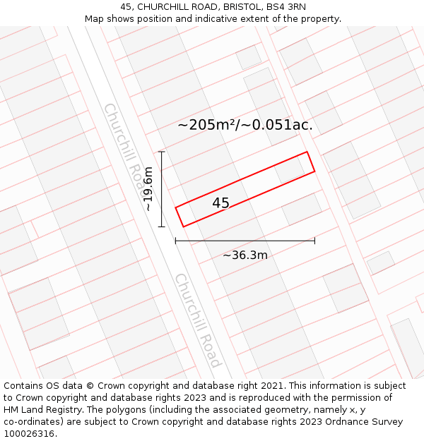 45, CHURCHILL ROAD, BRISTOL, BS4 3RN: Plot and title map