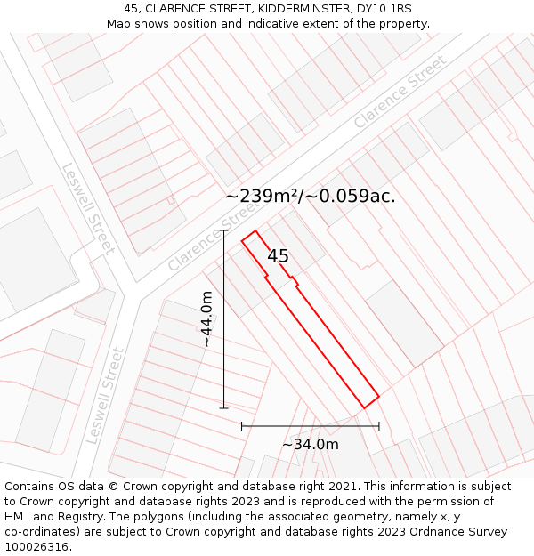 45, CLARENCE STREET, KIDDERMINSTER, DY10 1RS: Plot and title map