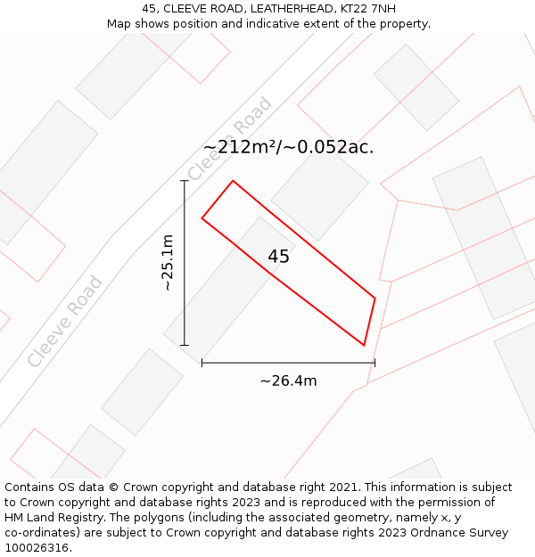 45, CLEEVE ROAD, LEATHERHEAD, KT22 7NH: Plot and title map