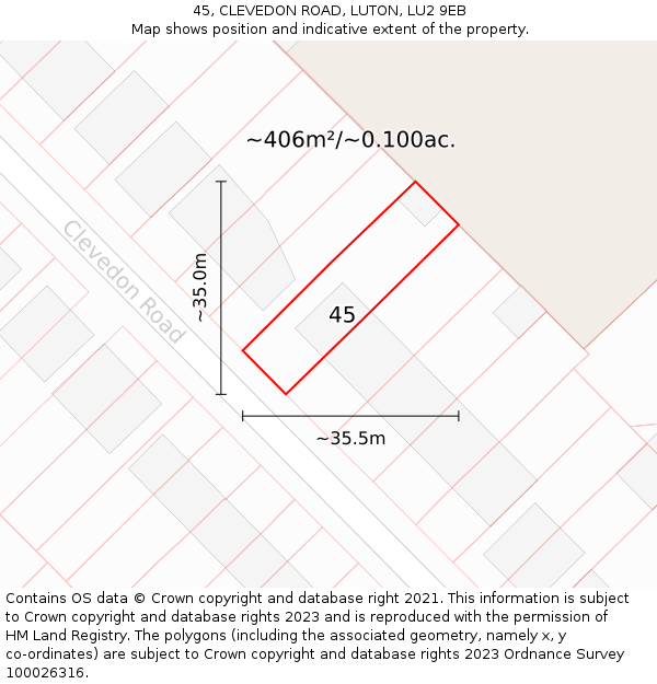 45, CLEVEDON ROAD, LUTON, LU2 9EB: Plot and title map