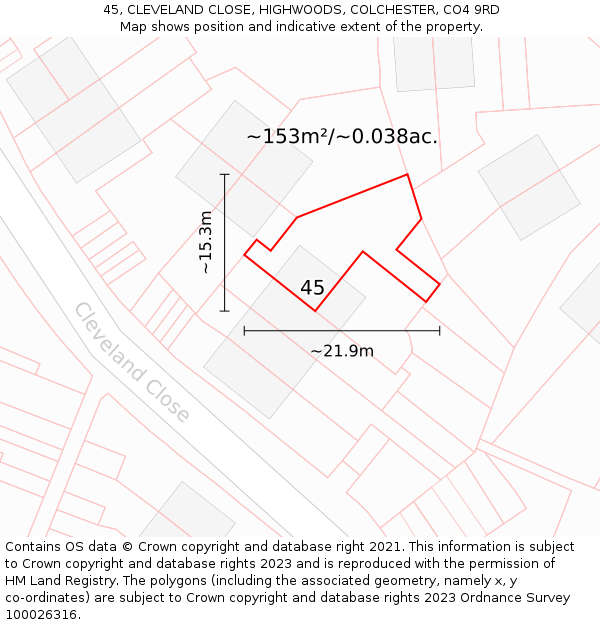 45, CLEVELAND CLOSE, HIGHWOODS, COLCHESTER, CO4 9RD: Plot and title map