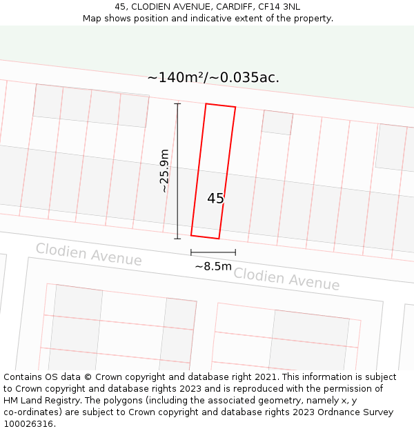 45, CLODIEN AVENUE, CARDIFF, CF14 3NL: Plot and title map