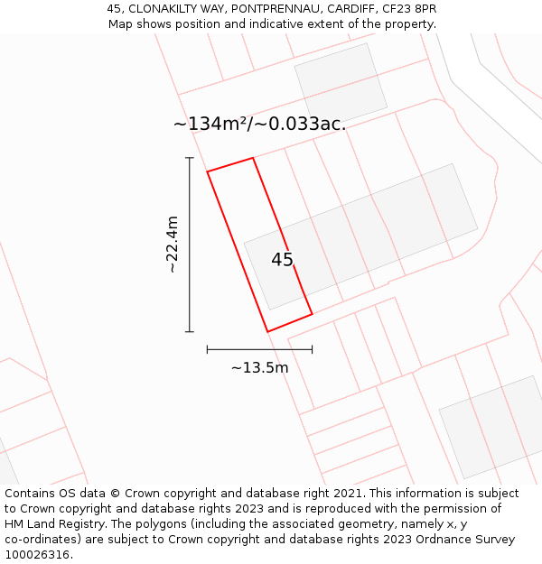 45, CLONAKILTY WAY, PONTPRENNAU, CARDIFF, CF23 8PR: Plot and title map