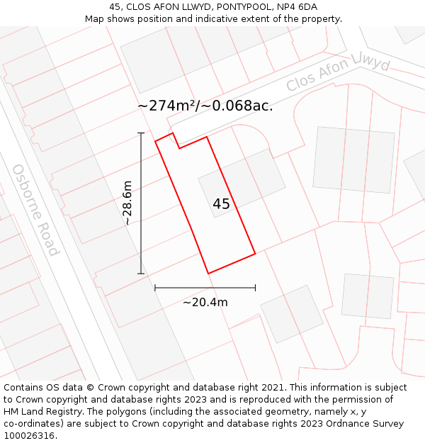 45, CLOS AFON LLWYD, PONTYPOOL, NP4 6DA: Plot and title map
