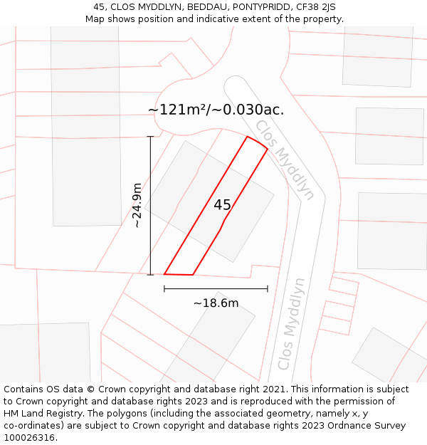 45, CLOS MYDDLYN, BEDDAU, PONTYPRIDD, CF38 2JS: Plot and title map